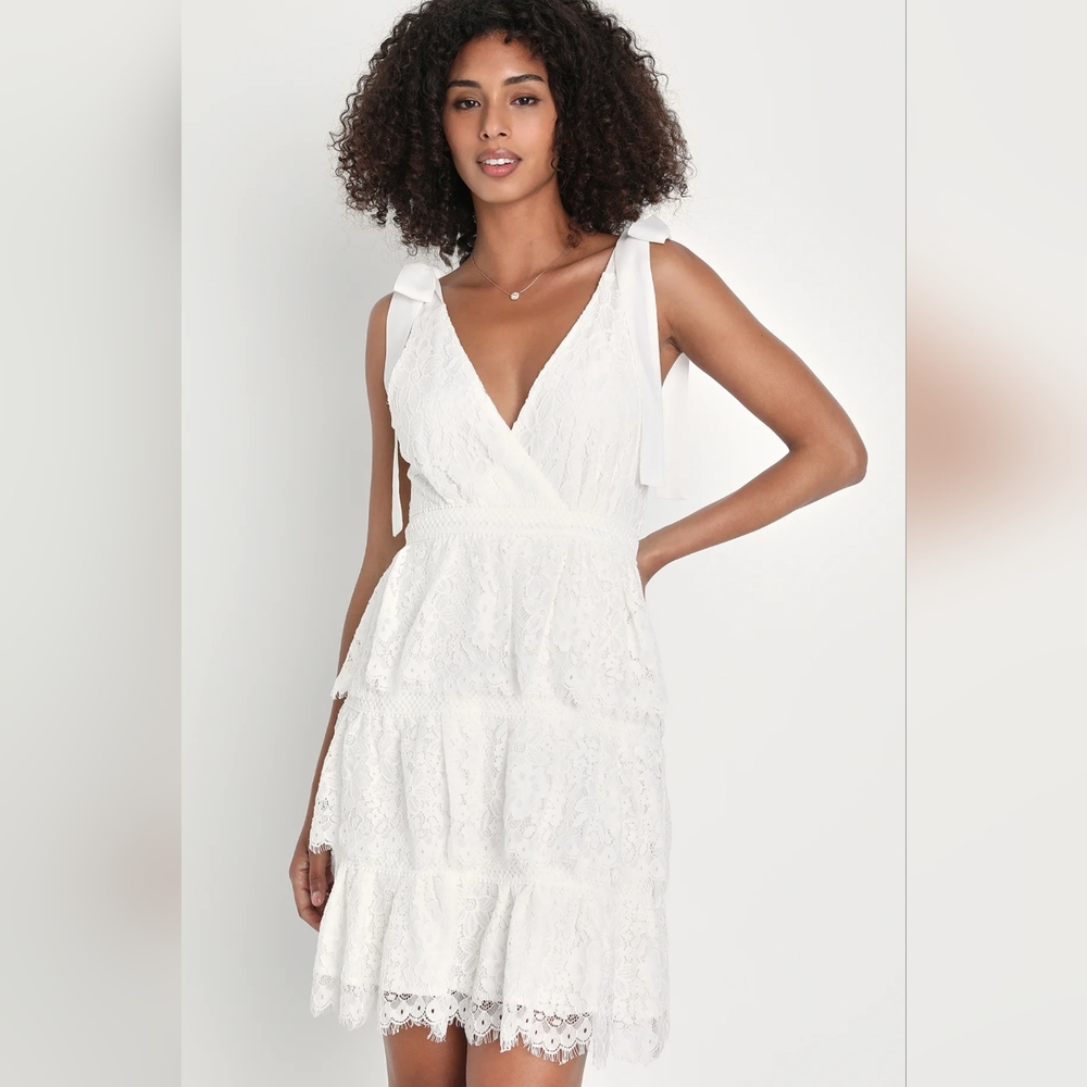 Lulus Sweet Flattery White Lace Tiered Tie-Strap Mini Dress